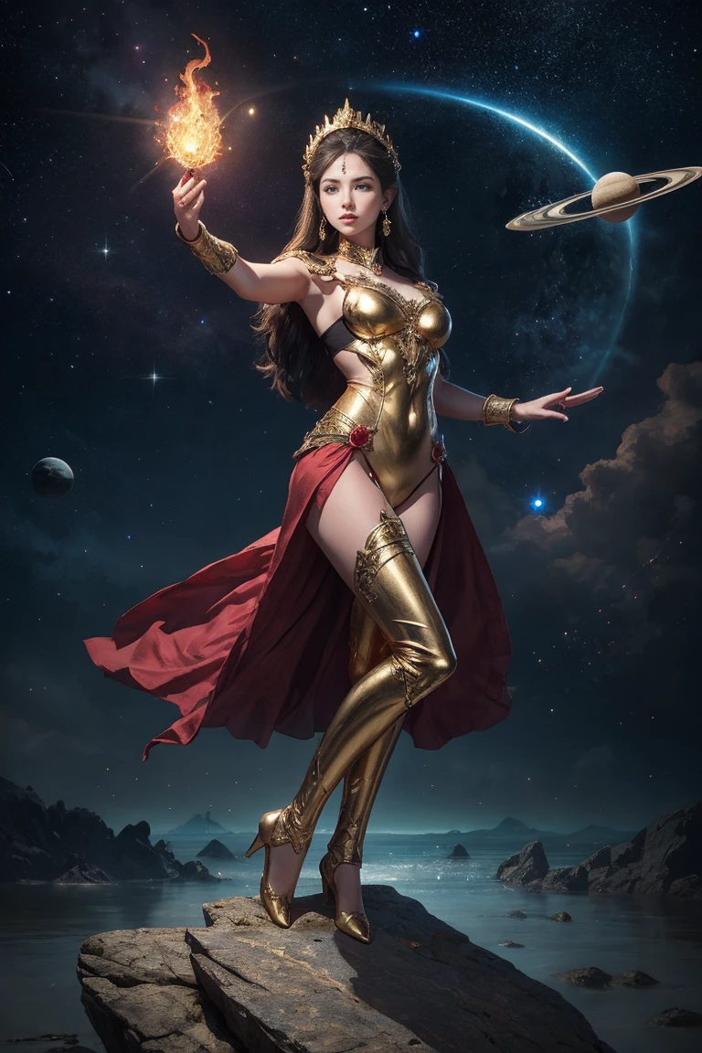 Highest quality, masterpiece, Realistic, High resolution, 8K RAW Photos, 1 person、Long Hair、goddess、Has a decorated sword、Raise your sword、((Glamour body:1.3))、(Red bodysuit with flame motif、Gold Edge)、Gold Pendant、Gold earrings、(((Action pose)))、(On a rock on a planet with solar system visible)、(Many protrusions floating in the starry sky１.2）