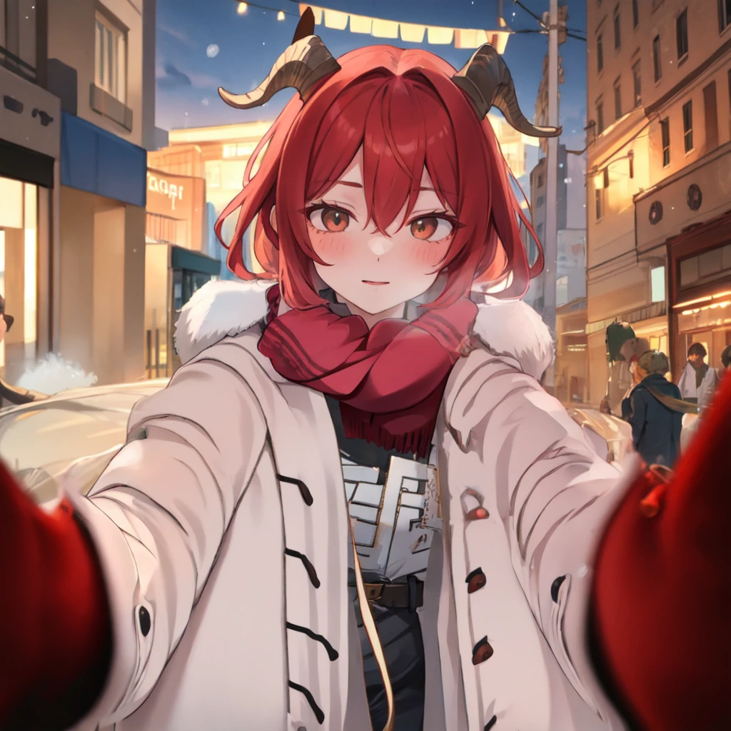 (pov cheek warming:1.2),solo,looking at viewer,1girl, red hair, goat girl, goat horns,open jacket,cloudy day, street, winter,scarf, 