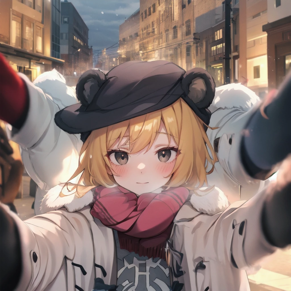 (pov cheek warming:1.2),solo,looking at viewer,1girl, golden hair, black eyes, bear ears, open jacket,cloudy day,simple background,winter,scarf, 