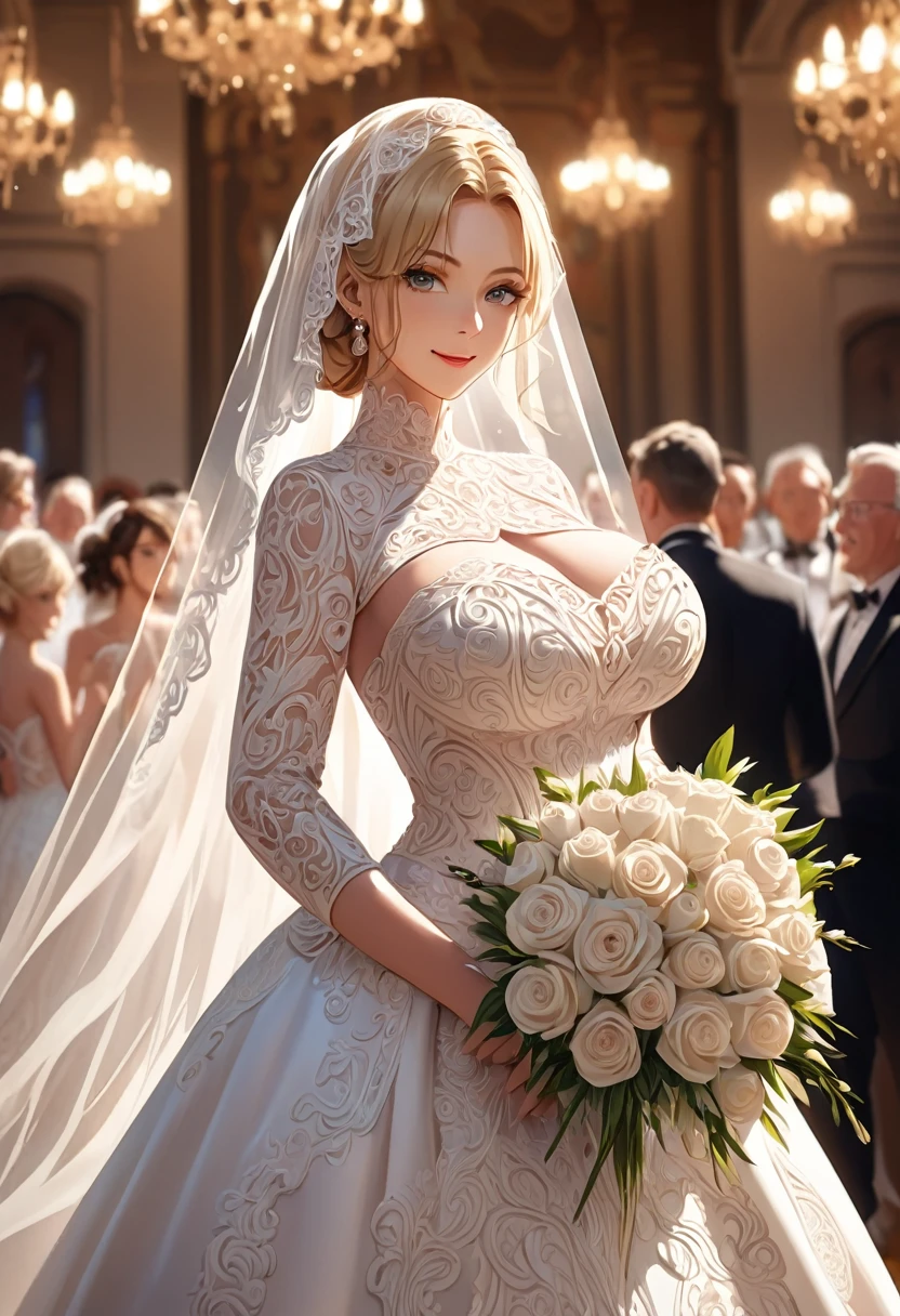 ((masterpiece, best quality, highly dramatic picture, cinematic lens effect,(silk wedding dress (elaborate patterns,face covering veil, very long dress,bouquet, )), ((busty bitches)), perfect Anatomy, exquisite lighting)) My friend's exotic milf Mom doing a photo shoot in the expensive venue (surrounded by applauding people, beautiful face, wavy blonde hair, twin long pigtails , relaxed smile, confident pose )