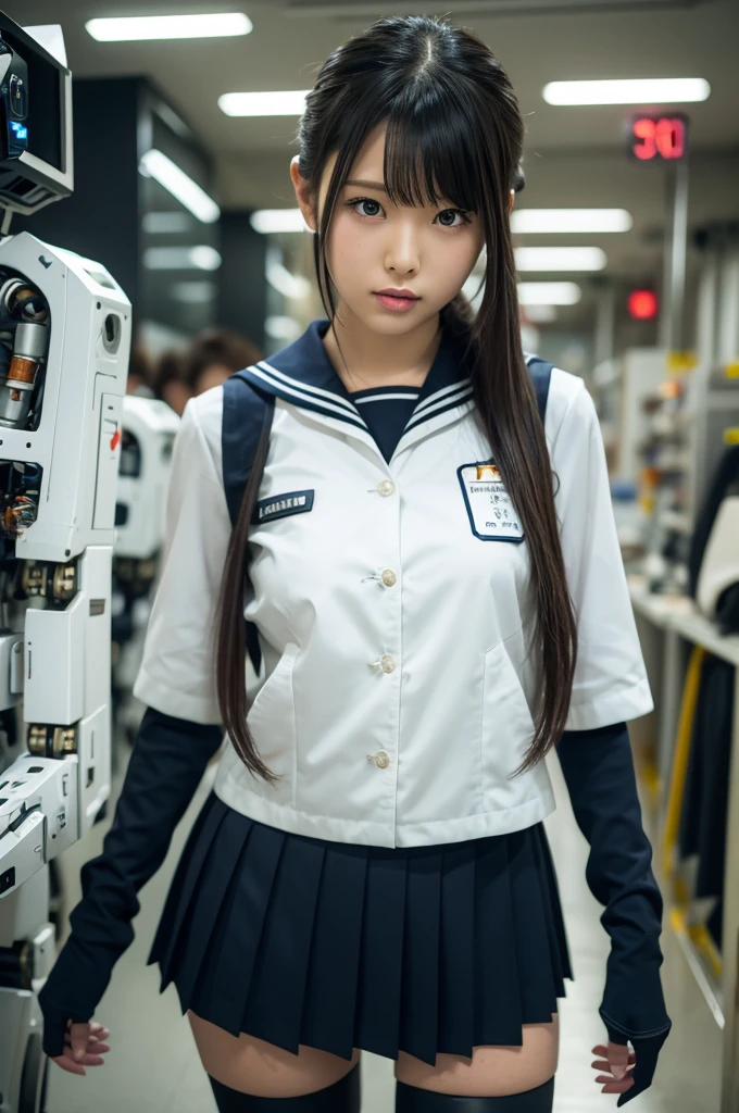 masterpiece, Best Quality, Extremely detailed, Japaese android highschool Girl,Plump ,Navy Pleated Mini Skirt,Black tights,control panels,android,Droid,Mechanical Hand, Robot arms and legs, Black Robot Parts,Black hair,Mechanical body,Blunt bangs,White abdomen,White Robotics Parts,perfect robot woman,The laboratory of the future,cyberpunked,Charging spot,android factory,Robot Factory,cyborg factory,Long Tube,A thick cable connects her neck,ceramic body,blue eyes,Mechanical body,android,robot humanoid,japanese highschool girl uniform,perfect robot girl