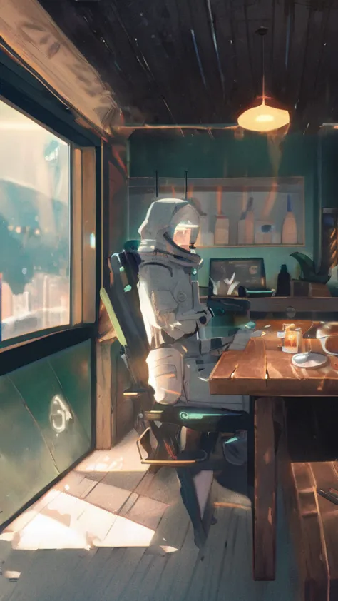 an 8k high-resolution illustration of an astronaut sitting in a cozy, modern café, sipping a cup of coffee. the astronaut is in ...