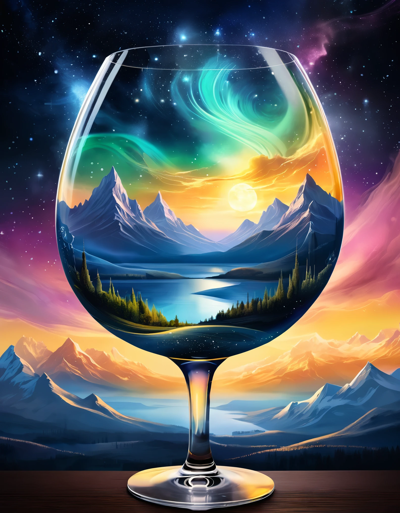 Create a celestial scene within a wine glass, featuring a surreal landscape with mountains and an aurora sky. The background includes a glowing sunset and cityscape. The style should be fantasy with ethereal elements.