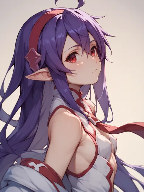 sword art online,yuki konno,parting the bangs,dark purple hair, long hair, ahoge, red eyes, pointy ears,red hairband, small brea...