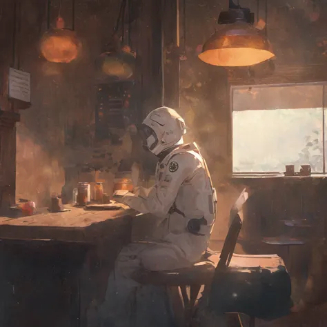 an 8k high-resolution illustration of an astronaut sitting in a cozy, modern café, sipping a cup of coffee. the astronaut is in ...