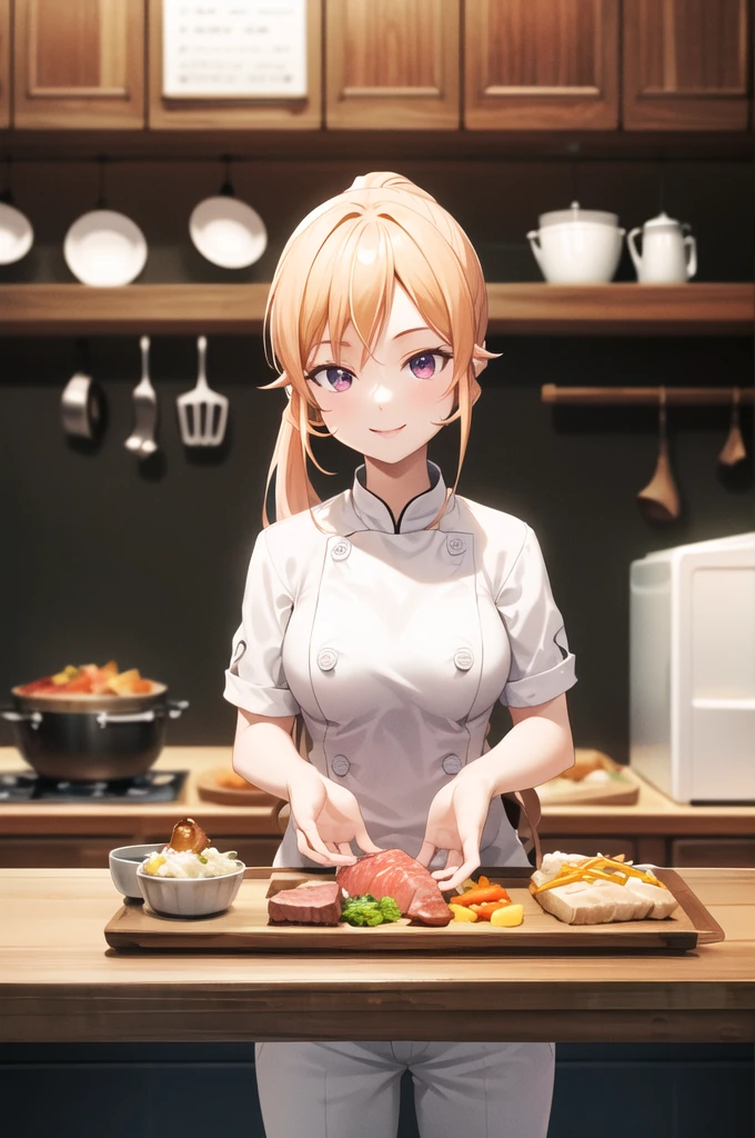 masterpiece, Highest quality, High resolution, Aerina, ponytail, Long Hair, White pants, chef, button, Are standing, dish, food, meat, smile, kitchen, table,