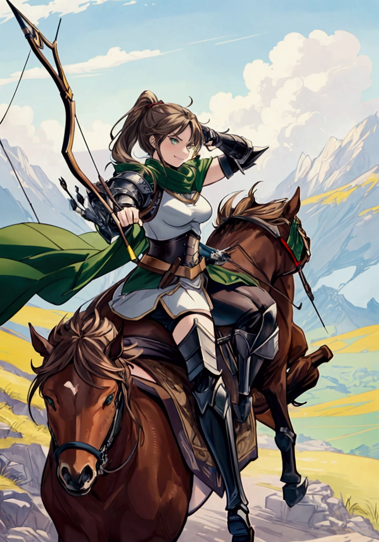 (Masterpiece), ((Highest Quality)),(Official Art),dynamic pose: 1.2),(1 solo anime character: 1.3). A fierce badass soldier woman with wavy brown hair in a low ponytail, green eyes, tanned skin, androgynous, and leather-armored uniform. Grinning happily, she rides a horse through a vast grassland with her crossbow and arrow quivers strapped on her back. Detailed picture. Detailed eyes. Detailed environment. Mature artstyle (no moe). Soft fairytale picture Arthur Rackham-style. Colorful, best detailed ((super detailed)), (highly detailed 2D anime illustration), ((fierce and beautiful))