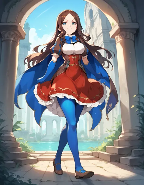 (((masterpiece, ultra-detailed))), nsfw, dress, white shirt, puffy sleeves, short sleeves, red skirt, cape, blue pantyhose, elbo...