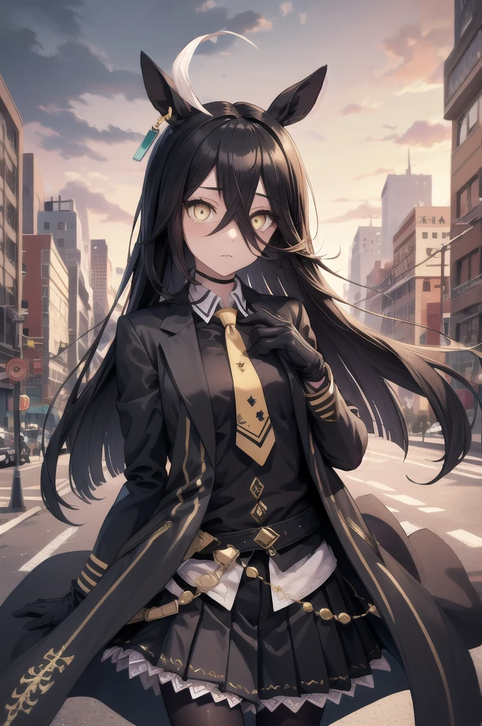 (masterpiece, Highest quality:1.2), alone, One person, Manhattan Cafe, Expressionless, View your viewers, Ahoge, Black jacket, shirt, tie, Black gloves, skirt, pantyhose, Single earring, tail 