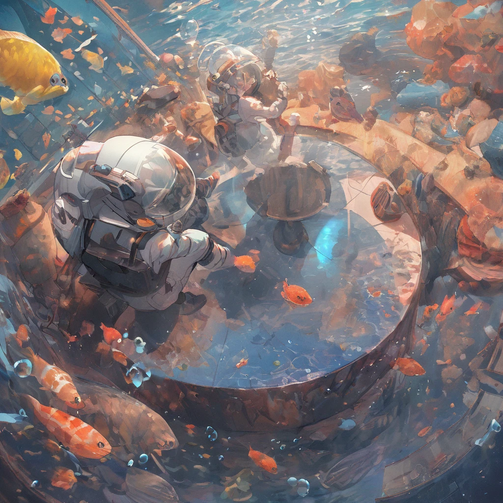 An 8K high-resolution illustration of an astronaut sitting in a unique underwater café, sipping a cup of coffee. The astronaut, wearing a full space suit but with the helmet off, is seated at a glass table, observing colorful tropical fish swimming around in the surrounding water. The café is designed with clear walls, allowing for a panoramic view of the vibrant marine life outside. Inside, the tables and chairs are stylishly modern, with bubbles floating up from the floor. The barista and waitstaff are various fish, such as a clownfish and a blue tang, with expressive faces and aprons, serving drinks and pastries. The astronaut appears calm and amazed, enjoying the serene and otherworldly atmosphere of this underwater café.