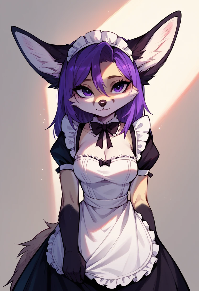 anthropomorphic animal furry fox fennec fox female adult, black fur color, the color of the eyes purple and red, the hair color is black and a little purple, jojos style, a cute and beautiful appearance, maid clothes