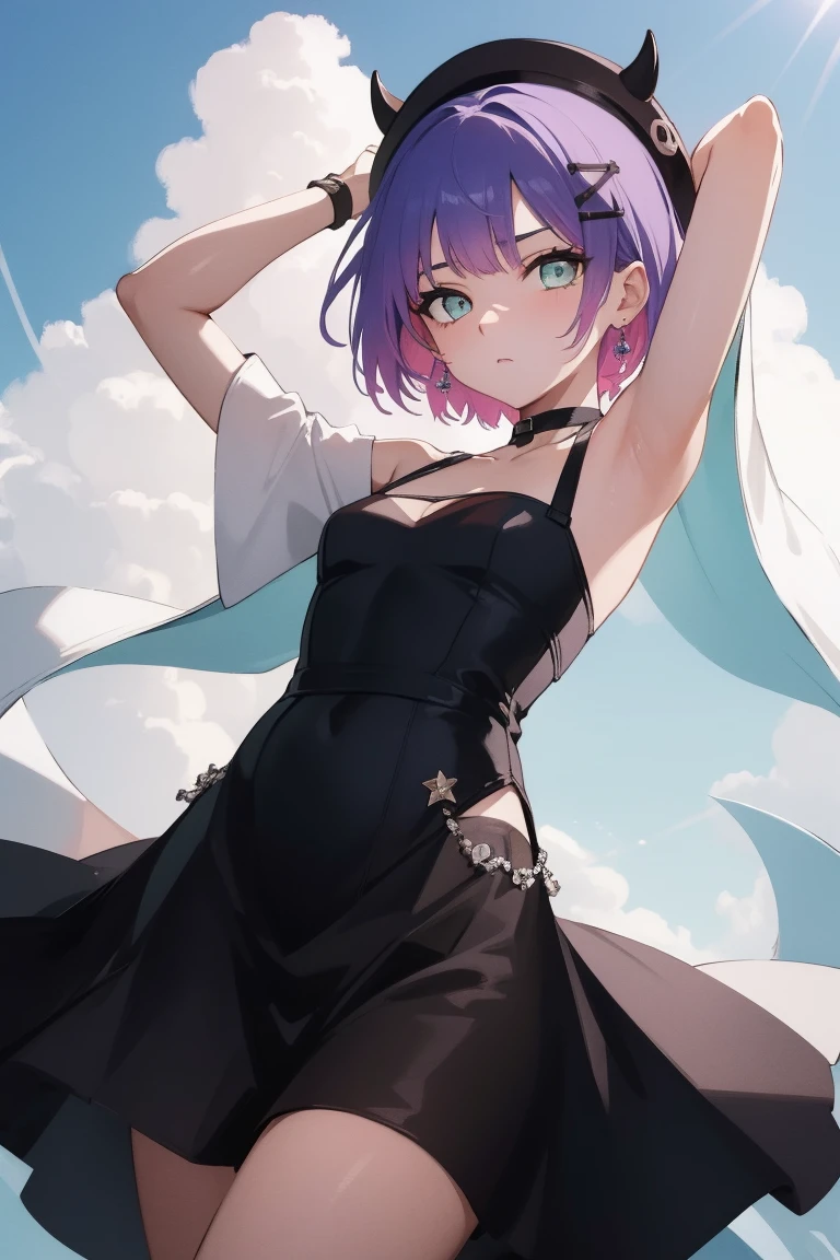 (Day:1.7), Sky Background,Blue sky and clouds,
Upright and immobile posture,Underarm,Raise your arms,
Black Wedding Dress,Black Bridal Veil,Off the shoulder,
Bitwise, short hair, Black Hat, beret, False horns, hair ornaments, Earrings, devil&#39;tail, 
1 person, 20-year-old,young woman,beautiful Finger,beautiful long legs,beautiful body,beautiful Nose,beautiful character design, perfect eye, perfect face,
View your audience, (Innocent_big_eye:1.0),(Expressionless:1.3),
Browsing Caution,Official Art,Very detailed CG ユニティ 8k 壁紙, Perfect lighting,colorful, bright_front_face_Lighting,
(masterpiece:1.0),(Highest_quality:1.0), 超High resolution,4K,Very detailed,
photograph, 8k, High resolution, High resolution, Absurd:1.2, Kodak Port 400, Film Grain, Blurred Background, Bokeh:1.2, Lens flare, (Vibrant_color:1.2)
(beautiful,Moderate_chest:1.4), (beautiful_face:1.5),(narrow_Waist),(Perfect hands, Perfect Anatomy),