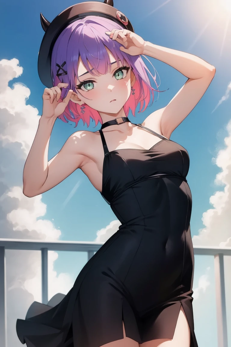 (Day:1.7), Sky Background,Blue sky and clouds,
Upright and immobile posture,Underarm,Raise your arms,
Black Wedding Dress,Black Bridal Veil,Off the shoulder,
Bitwise, short hair, Black Hat, beret, False horns, hair ornaments, Earrings, devil&#39;tail, 
1 person, 20-year-old,young woman,beautiful Finger,beautiful long legs,beautiful body,beautiful Nose,beautiful character design, perfect eye, perfect face,
View your audience, (Innocent_big_eye:1.0),(Expressionless:1.3),
Browsing Caution,Official Art,Very detailed CG ユニティ 8k 壁紙, Perfect lighting,colorful, bright_front_face_Lighting,
(masterpiece:1.0),(Highest_quality:1.0), 超High resolution,4K,Very detailed,
photograph, 8k, High resolution, High resolution, Absurd:1.2, Kodak Port 400, Film Grain, Blurred Background, Bokeh:1.2, Lens flare, (Vibrant_color:1.2)
(beautiful,Moderate_chest:1.4), (beautiful_face:1.5),(narrow_Waist),(Perfect hands, Perfect Anatomy),