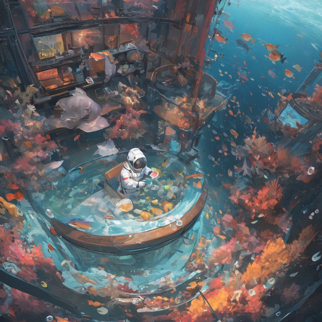 An 8K high-resolution illustration of an astronaut sitting in a unique underwater café, sipping a cup of coffee. The astronaut, wearing a full space suit but with the helmet off, is seated at a glass table, observing colorful tropical fish swimming around in the surrounding water. The café is designed with clear walls, allowing for a panoramic view of the vibrant marine life outside. Inside, the tables and chairs are stylishly modern, with bubbles floating up from the floor. The barista and waitstaff are various fish, such as a clownfish and a blue tang, with expressive faces and aprons, serving drinks and pastries. The astronaut appears calm and amazed, enjoying the serene and otherworldly atmosphere of this underwater café.High resolution, Highest quality, masterpiece, High resolution, High detail, 