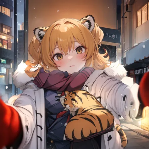 (pov cheek warming:1.2),solo,looking at viewer,1girl, yellow hair, black eyes, tiger girl,open jacket,cloudy day,mount,winter ni...