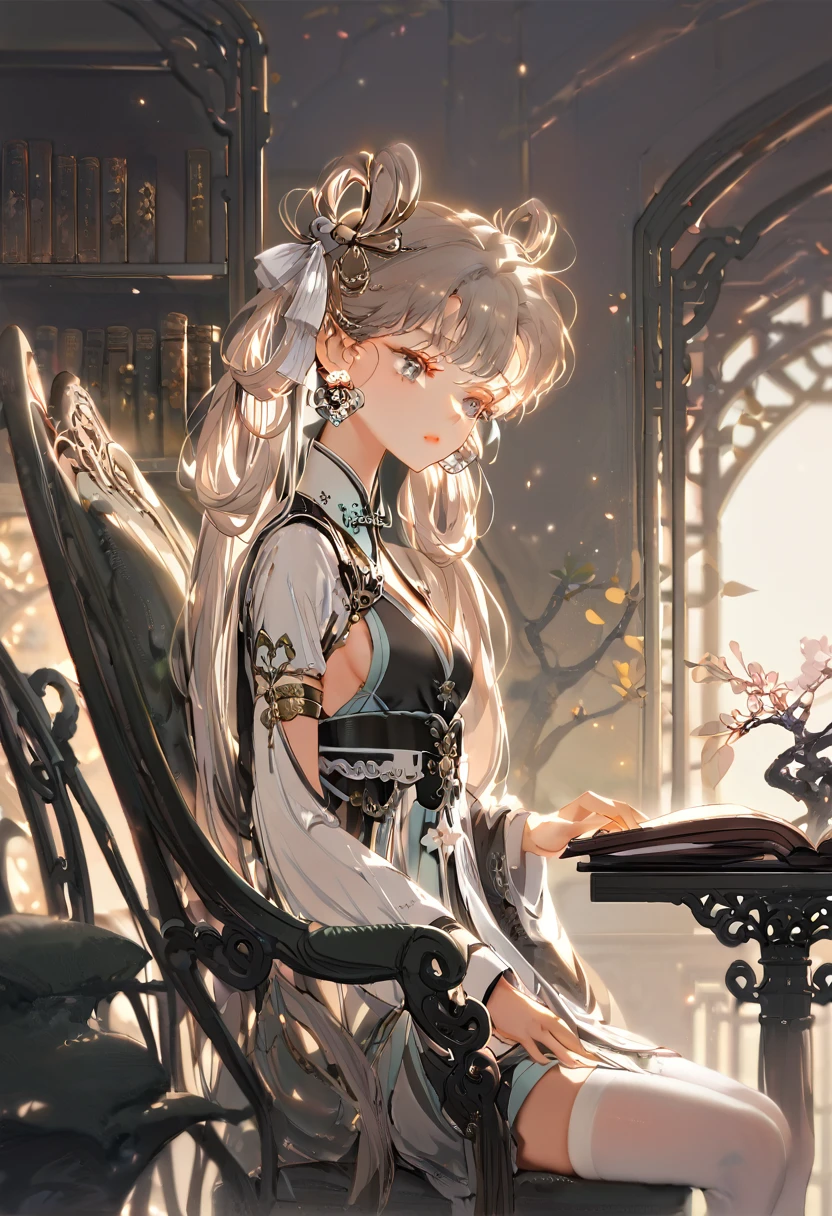 masterpiece, best quality, (perfect anatomy), from side, cowboy shot, 1girl, sitting, on chair, library, reading, looking down, depth of field, solo focus, holding book, small breasts, sideboob, legs together, grey eyes, JinshiWW, long hair, twintails, hair rings, hair ornament, JinshiWW, long hair, twintails, hair rings, hair ornament, earrings, chinese clothes, two-tone dress, black dress, white dress, cleavage cutout, armlet, white thighhighs