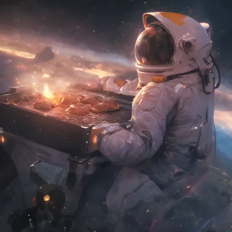 an 8k high-resolution illustration of an astronaut having a barbecue at night in a space-themed setting. the astronaut is wearin...