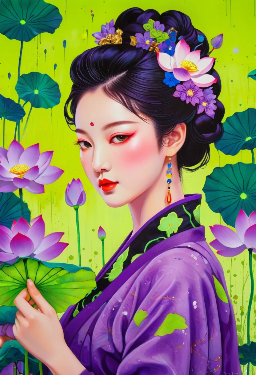 A painting：(((Colorful black，Chalk painting，Oil stick painting，Volume，Thick coating，Uneven texture，Plaster texture，Graffiti)))。Colorful black，Chinese girl in lotus leaf，Exquisite makeup, Bright colors, Purple和, cute的, Bright colors，cute, Lavender Color and Color Schemes, 和Purple的配色方案,  Beautiful Art,  Purple, Whimsical Art, 和Purple色调, Lime and Violet, Close together,, spring, Inspired by Tomokazu Matsuyama, Delightful