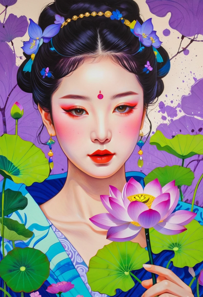 A painting：(((Colorful black，Chalk painting，Oil stick painting，Volume，Thick coating，Uneven texture，Plaster texture，Graffiti)))。Colorful black，Chinese girl in lotus leaf，Exquisite makeup, Bright colors, Purple和, cute的, Bright colors，cute, Lavender Color and Color Schemes, 和Purple的配色方案,  Beautiful Art,  Purple, Whimsical Art, 和Purple色调, Lime and Violet, Close together,, spring, Inspired by Tomokazu Matsuyama, Delightful