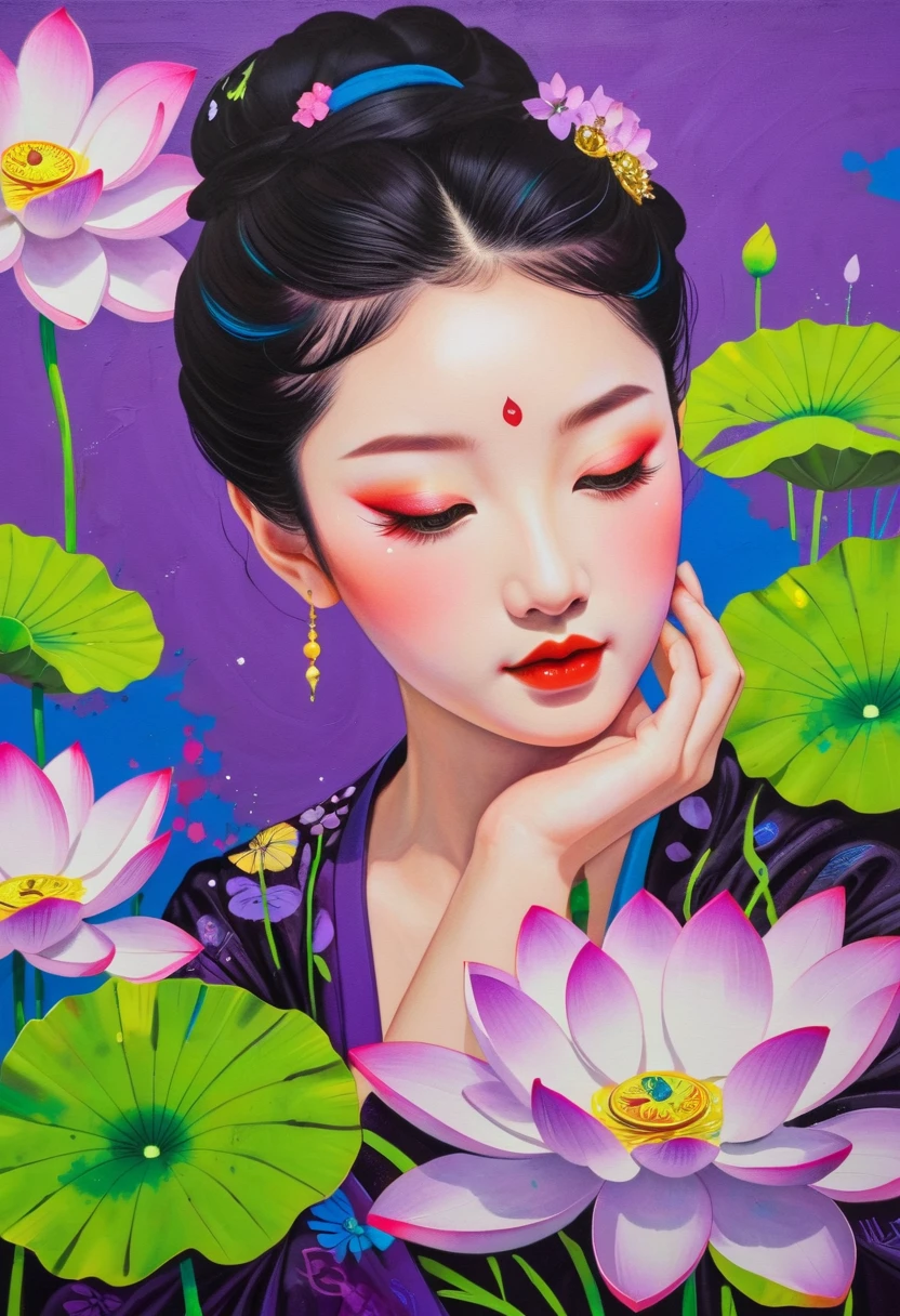 A painting：(((Colorful black，Chalk painting，Oil stick painting，Volume，Thick coating，Uneven texture，Plaster texture，Graffiti)))。Colorful black，Chinese girl in lotus leaf，Exquisite makeup, Bright colors, Purple和, cute的, Bright colors，cute, Lavender Color and Color Schemes, 和Purple的配色方案,  Beautiful Art,  Purple, Whimsical Art, 和Purple色调, Lime and Violet, Close together,, spring, Inspired by Tomokazu Matsuyama, Delightful