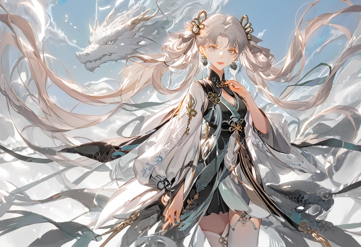 ,JinshiWW, long hair, twintails, hair rings, hair ornament, JinshiWW, long hair, twintails, hair rings, hair ornament, earrings, chinese clothes, two-tone dress, black dress, white dress, cleavage cutout, armlet, white thighhighs, wuthering_waves jinhsi_(wuthering_waves) absurdres highres 1girl blue_sky chinese_clothes cleavage_cutout clothing_cutout cloud day dragon earrings grey_eyes hair_ornament hand_on_own_ear jewelry light_smile long_hair looking_at_viewer mole mole_under_eye pale_color sky thigh_strap thighs white_hair