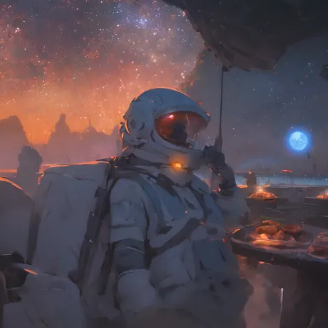 an 8k high-resolution illustration of an astronaut having a barbecue at night in a forest,the astronaut is wearing a full space ...