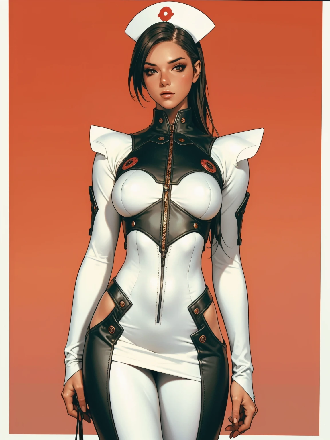 (((short arms))), ((( nurse suit ))), (((bandaged arms))), ((high collar)), (((black with red details))), (((best qualityer: 1.4))), (Unbeatable masterpiece), (hiper HD),(CG 8k hyper-realistic), (((brave face))), (((breasts big))), (((hyper feminine))), sexly girl, Tron,（black bob hair)), ((( sculptural body ))), (((1 Kizi))), Kizi cibernética de 25 anos com perfectbody,,Beautiful and well-groomed face,muscular body:1.2,solid color detailed jacket, (Head to thigh photos)， Complex equipment, green dark，Long pants，Tight clothes are dark，With white stars and off-white stripes,,,,,Armor Metal Electronic Parts, Poison tattoos ) INFO, Kizi, (((standing alone))), pirralha violent, ((())), sexly, pose de atitude, work of art, post-apocalypse, (((manga style))), bounty hunter, violent, Manic, the way you want, slenderbody, thin but strong, perfectbody, roupa moderna, advanced technology, neon, sleeves with vertical striped pattern, neutral background, (( cowboy shot )). intricate visual