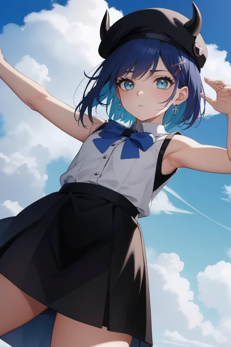 (Day:1.7), Sky Background,Blue sky and clouds, Upright and immobile posture,Underarm,Raise your arms, short hair, Black Hat, beret, False horns, hair ornaments, Earrings, devil&#39;tail, 1 person, 20-year-old,young woman,beautiful Finger,beautiful long legs,beautiful body,beautiful Nose,beautiful character design, perfect eye, perfect face, View your audience, (Innocent_big_eye:1.0),(Expressionless:1.3), Browsing Caution,Official Art,Very detailed CG ユニティ 8k 壁紙, Perfect lighting,colorful, bright_front_face_Lighting, (masterpiece:1.0),(Highest_quality:1.0), 超High resolution,4K,Very detailed, photograph, 8k, High resolution, High resolution, Absurd:1.2, Kodak Port 400, Film Grain, Blurred Background, Bokeh:1.2, Lens flare, (Vibrant_color:1.2) (beautiful,Moderate_chest:1.4), (beautiful_face:1.5),(narrow_Waist),(Perfect hands, Perfect Anatomy),