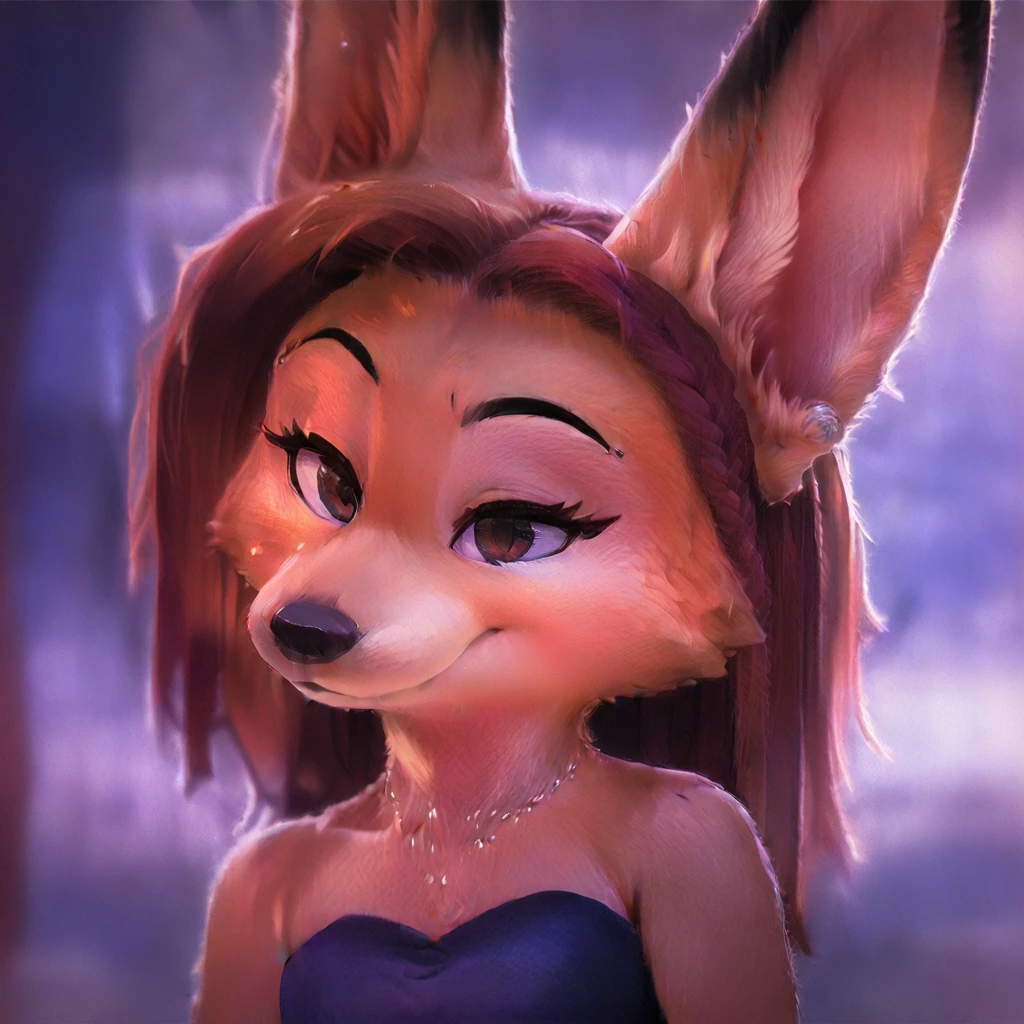 anthropomorphic animal furry fox fennec fox female adult, black fur color, the color of the eyes purple and red, the hair color is black and a little purple, jojos style, a cute and beautiful appearance,