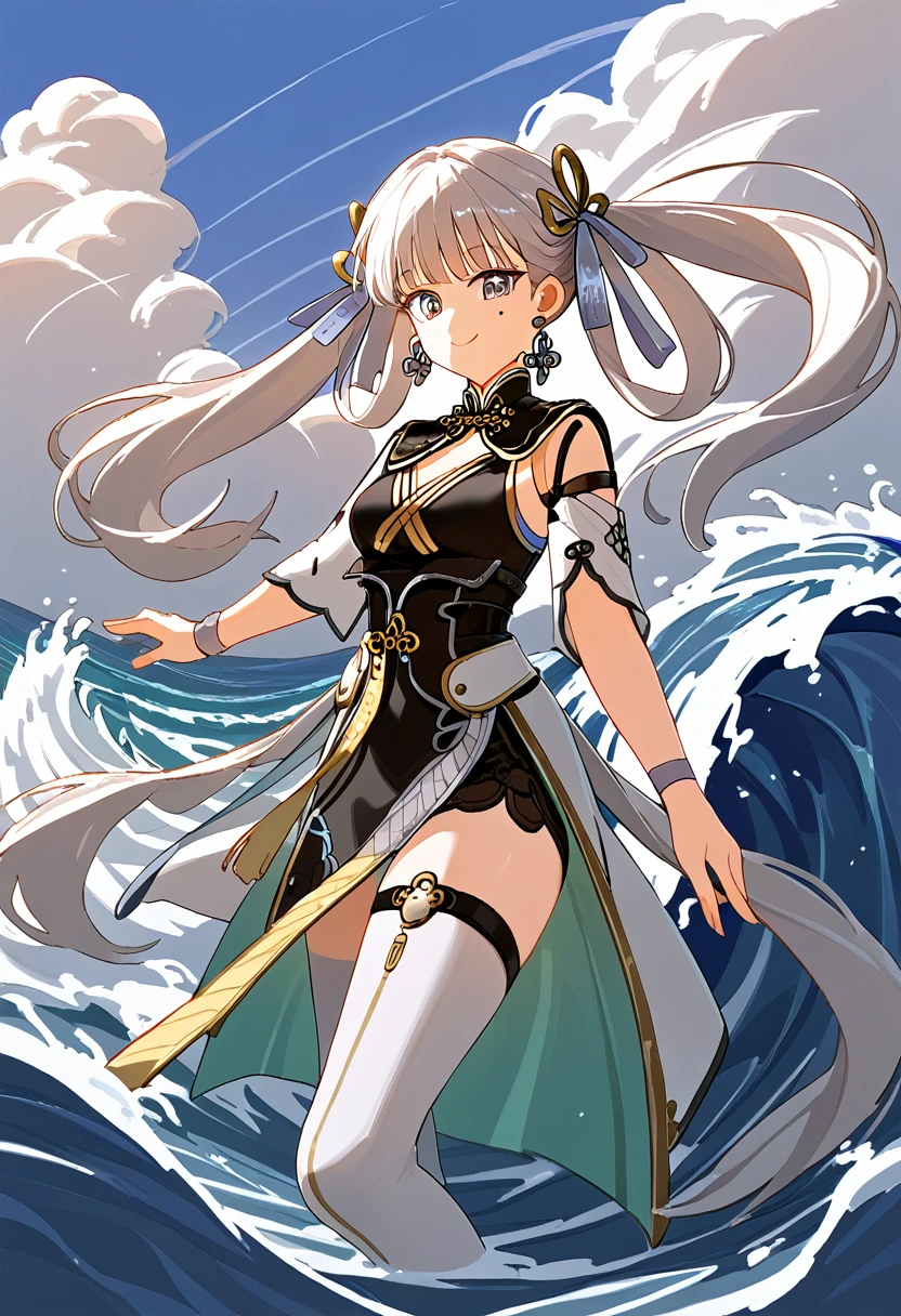 ,JinshiWW, long hair, twintails, hair rings, hair ornament, JinshiWW, long hair, twintails, hair rings, hair ornament, earrings, chinese clothes, two-tone dress, black dress, white dress, cleavage cutout, armlet, white thighhighs, wuthering_waves jinhsi_(wuthering_waves) absurdres highres 1girl blue_sky chinese_clothes cleavage_cutout clothing_cutout cloud day dragon earrings grey_eyes hair_ornament hand_on_own_ear jewelry light_smile long_hair looking_at_viewer mole mole_under_eye pale_color sky thigh_strap thighs white_hair