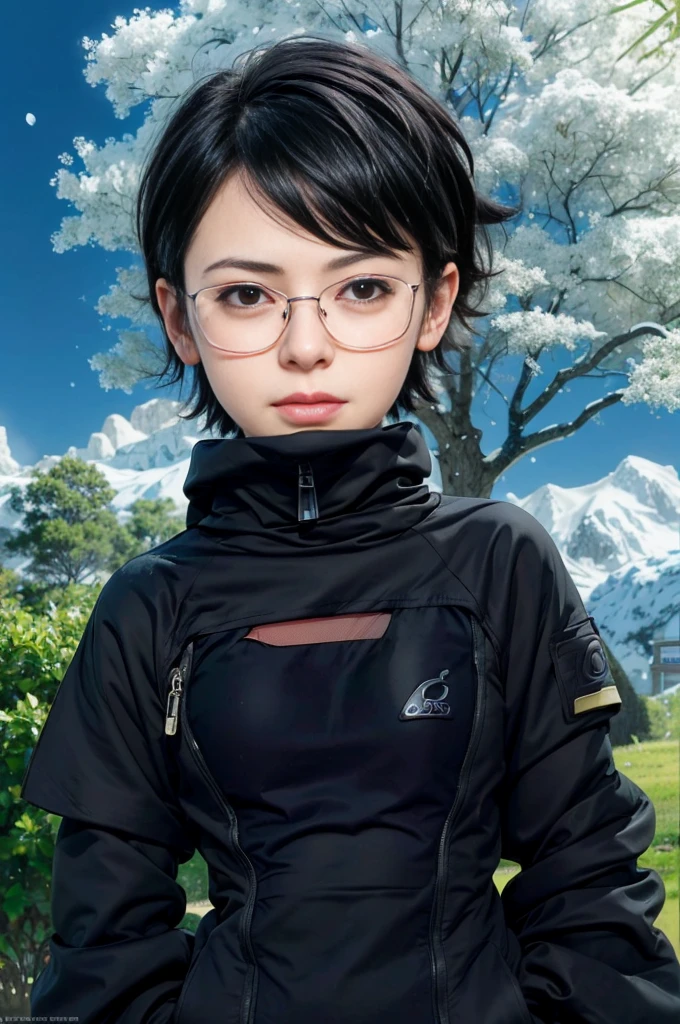 masterpiece, best quality, (realistic,photo-realistic:1.4), (RAW photo:1.2), extremely detailed CG unity 8k wallpaper, delicate and beautiful, amazing,finely detail, official art, absurdres, incredibly absurdres, huge filesize, ultra-detailed,extremely detailed eyes and face,light on face,sarada,(little smile:1.2),(black hair:1.4),(wearing sweater1.4),(very short hair:1.4),nature,sarada uchiha ,(wearing glasses:1.4),(winter background:1.4)