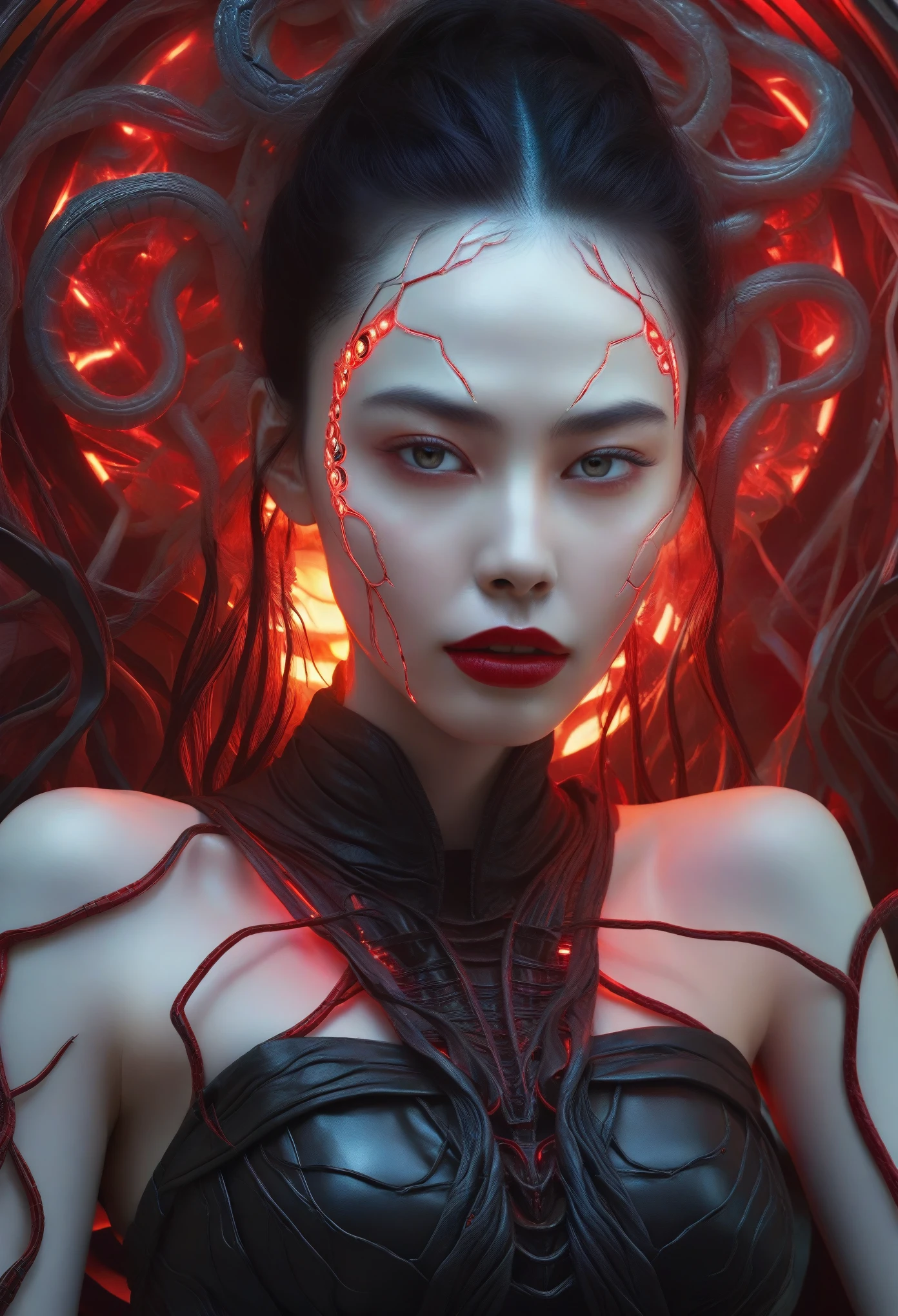 1 beautiful female demon, A scene from a science horror fiction movie, beautiful detailed eyes, (A third eye on the forehead:1.5), beautiful detailed red lips, extremely detailed face and eyes, long eyelashes, (long tongue like a snake:1.2), intricate insect-like features, glowing compound eyes, scythe-like forelimbs, alien carapace, vibrant colors, futuristic sci-fi environment, neon lights, glowing energy field, complex technological architecture, dramatic lighting, cinematic atmosphere, award winning digital art, hyper realistic, 8k, high quality, masterpiece, Bioluminescence, Translucent skin, thespiritde, white skin, (pale skin with veins visible through it:1.6), Satan's daughter, cinematic lighting, black hair