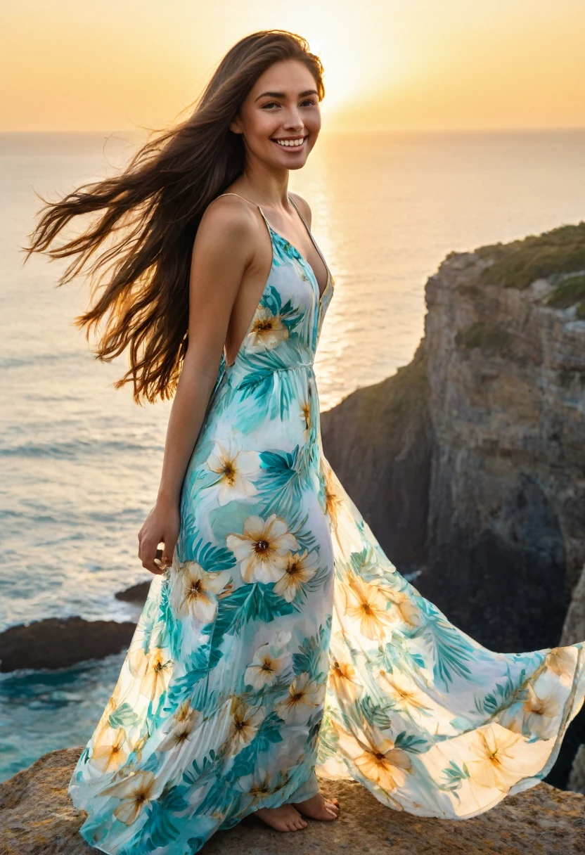 A detailed watercolor painting of a stunning brunette with long hair, wearing a flowing white maxi floral painted dress, is standing on a cliff overlooking a turquoise ocean. The setting sun casts a golden glow on her skin, creating a silhouette against the sky. Her smile so sweet, and she's breathing in the fresh sea air, exuding a sense of serenity and elegance