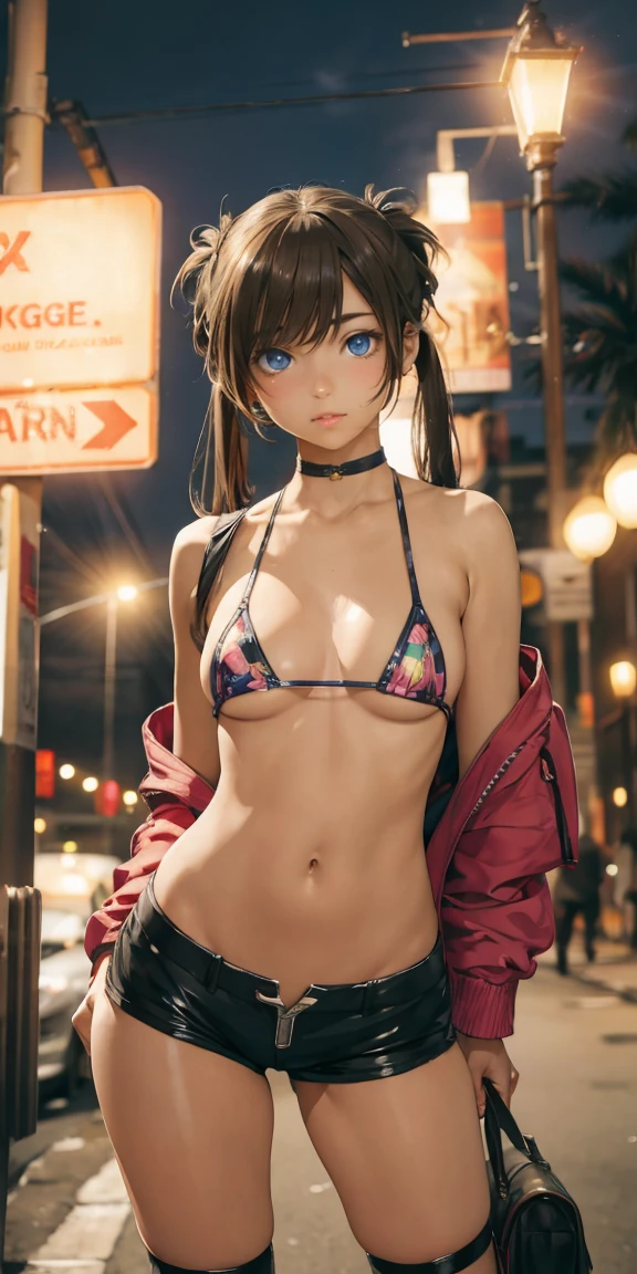 Browsing Caution,'(masterpiece, Highest quality, Very detailed, 8k wallpaper, Realistic), 1 person, Curvaceous yet slender body,Realistic eyes、Anime Face、So embarrassed I'm blushing、Lower boobs, Colorful printed micro bikini top　Nipple show, Fleece jacket, low leg shorts, Knee socks, Bangles, choker, Twin tails, Backpack, street, Street lamp, Late Night