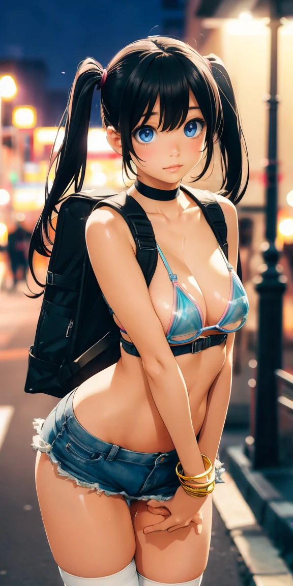 Browsing Caution,'(masterpiece, Highest quality, Very detailed, 8k wallpaper, Realistic), 1 person, Curvaceous yet slender body,Realistic eyes、Anime Face、((Too embarrassed to blush ecstasy:1.5))、Lower boobs, Shiny, semi-transparent, see-through, ultra-micro bikini top that shows off your nipples, Fleece jacket, Ultra-small low-leg shorts, Knee socks, Bangles, choker, Twin tails, Backpack, street, Street lamp, Late Night、(cum in Pussy:1.2)