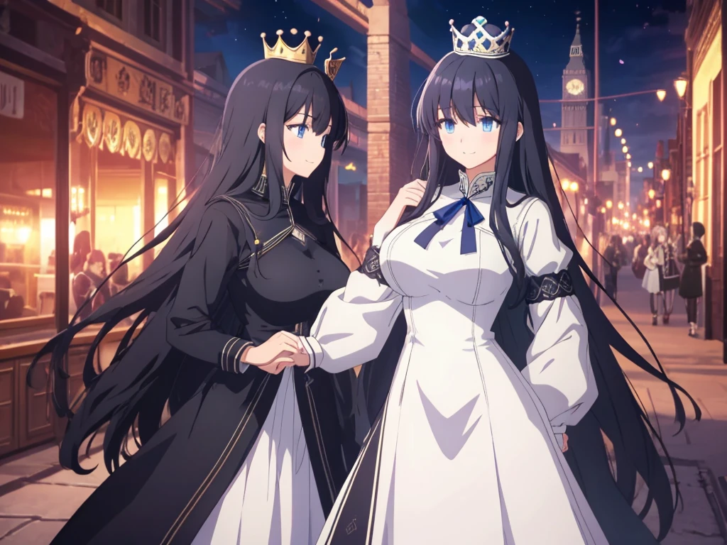 best quality, extremely detailed,anime style 1girl,long hair down to the waist, straight hair, ((((dark black hair with bluish)))),((crown braid)),beautiful detailed eyes, pinched eyes, (dark blue eyes),((huge breasts)),curvy,((((white princess dress)))),flare skirt,((black coat)),Fine decoration,clothing with complex patterns,((((western street)))),((Detailed background)),((Comfortable posture)),smile