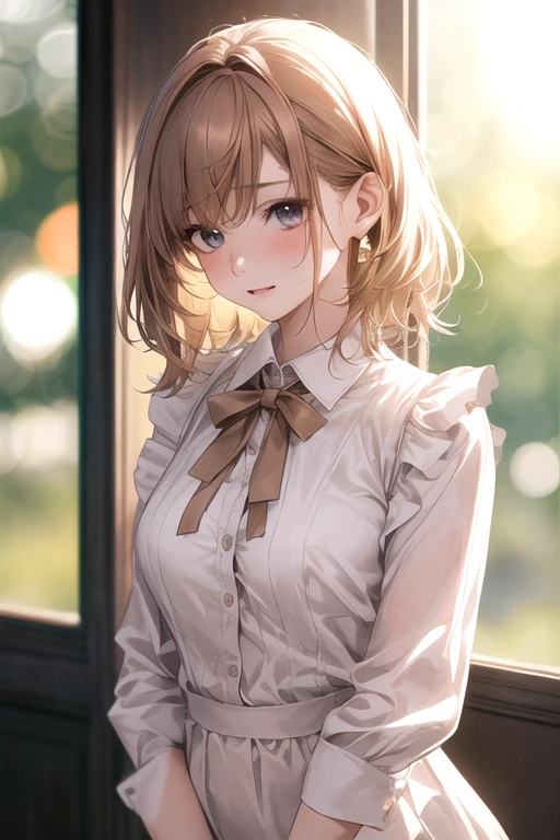 One person, 19-year-old female, Face Focus, Best, Medium Hair、bow, Highest quality, employment, Detailed face, office, Detailed Background, Diffused sunlight, Depth of written boundary, Bokeh、Blonde、Maid clothes、Changing clothes、Underwear is visible、Half naked、whole body、Shyness,Changing clothes、I&#39;m excited to be seen、But I want you to commit it、Surprise、黒のレオタードMaid clothes