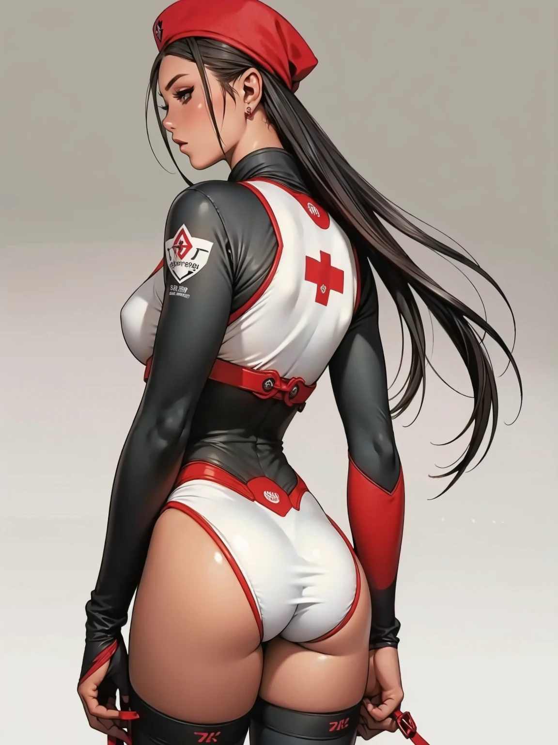 (((back view))), (((perfect ass))), (best qualityer))), ((redheadwear)), (((short arms))), ((( nurse suit ))), (((bandaged arms))), ((high collar)), (((black with red details))), (((best qualityer: 1.4))), (Unbeatable masterpiece), (hiper HD),(CG 8k hyper-realistic), (((brave face))), (((hyper feminine))), sexly girl, Tron,（black bob hair)), ((( sculptural body ))), (((1 Kizi))), Kizi cibernética de 25 anos com perfectbody,,Beautiful and well-groomed face,muscular body:1.2,solid color detailed jacket, (Head to thigh photos)， Complex equipment, green dark，Long pants，Tight clothes are dark，With white stars and off-white stripes,,,,,Armor Metal Electronic Parts, Poison tattoos ) INFO, Kizi, (((standing alone))), pirralha violent, ((())), sexly, pose de atitude, work of art, post-apocalypse, (((manga style))), bounty hunter, violent, Manic, the way you want, slenderbody, thin but strong, perfectbody, roupa moderna, advanced technology, neon, sleeves with vertical striped pattern, neutral background, (( cowboy shot )). intricate visual