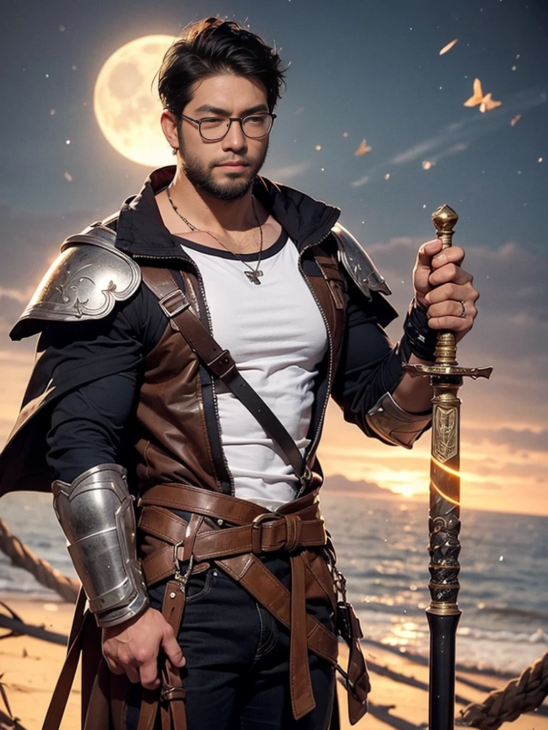 solo, crew cut, (((full body))), mature man, [slightly fat], asian man, brown eyes, rounded face, glasses, slightly balding, (((stubbles, Short beard))), (((full beard))),masterpiece, best quality, highly detailed, guts \(berserk\), 1boy, armor, bandages, black hair, cape, full moon, huge weapon, male focus, manly, moon, multicolored hair, one eye closed, scar, solo, sword, weapon, white hair