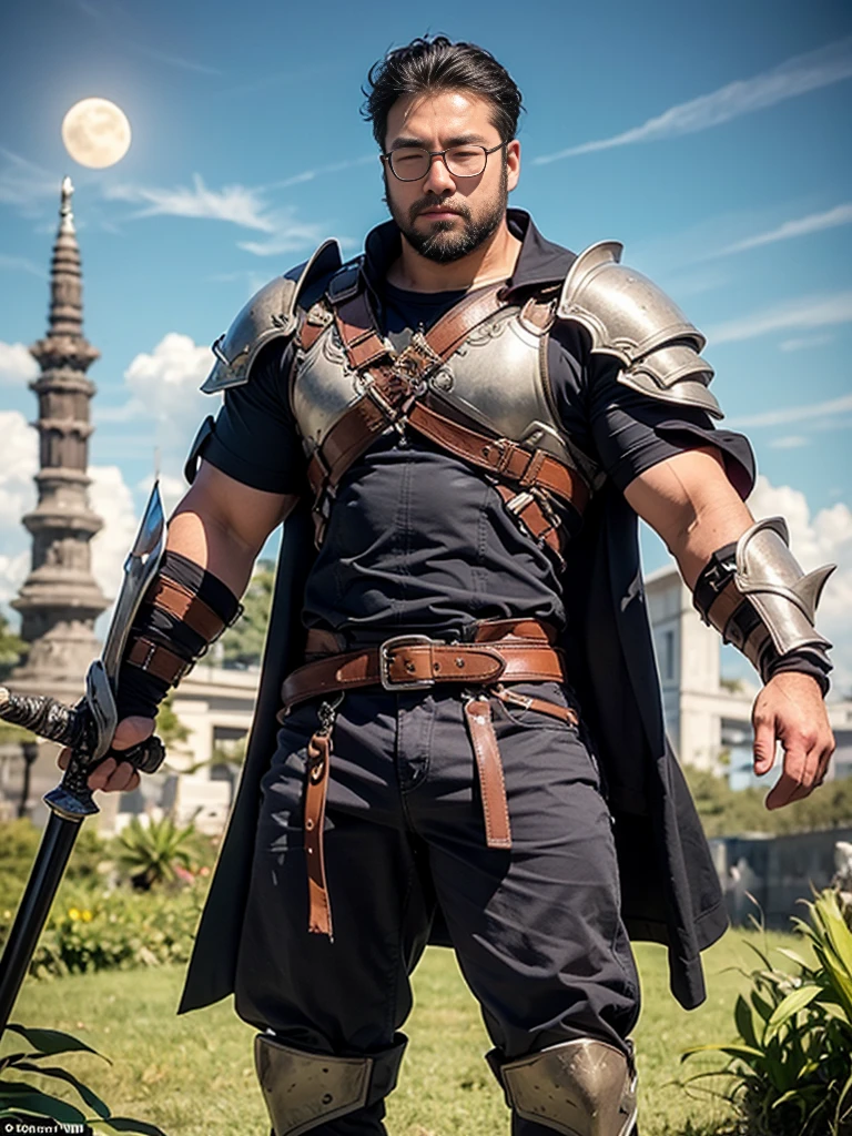 solo, crew cut, (((full body))), mature man, [slightly fat], asian man, brown eyes, rounded face, glasses, slightly balding, (((stubbles, Short beard))), (((full beard))),masterpiece, best quality, highly detailed, guts \(berserk\), 1boy, armor, bandages, black hair, cape, full moon, huge weapon, male focus, manly, moon, multicolored hair, one eye closed, scar, solo, sword, weapon, white hair