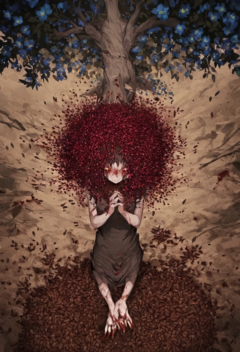 Tree seed, Seed, mãos carregando Seed, gram, flowers, from above view, foco nas mãos com Seed, perfect hands, bloodstains, corruption, tenebrosa, grande Seed azul