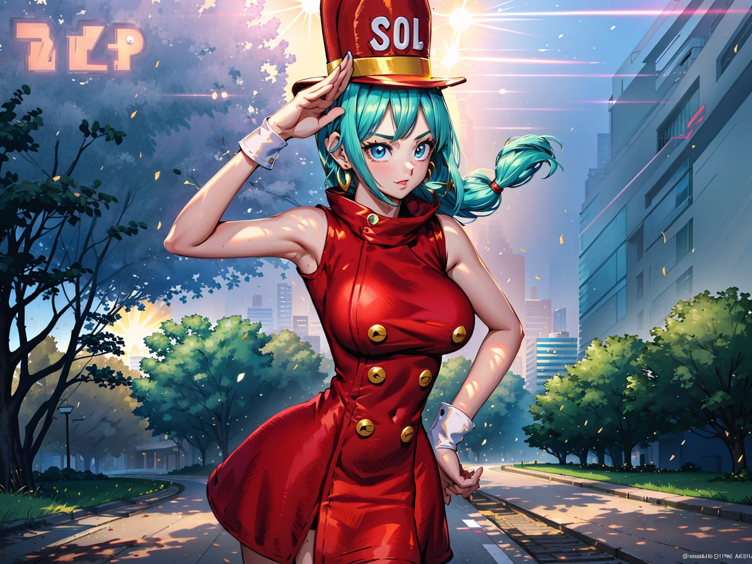 (masterpiece:1.2),( high quality:1.1), bulla,pout, long hair, straight hair,bangs, aqua hair, blue eyes, mascara, long lashes, hairband, red hairband, earrings, bodycon dress, sleeveless, city park, trees, grass, sunshine, blurry background,(looking at viewer, Bend forward:1.1),, huge breast,large breast,(beautifully lit:1.1),