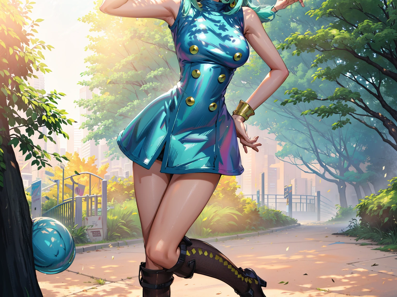 (masterpiece:1.2),( high quality:1.1), bulla,pout, long hair, straight hair,bangs, aqua hair, blue eyes, mascara, long lashes, hairband, red hairband, earrings, bodycon dress, sleeveless, city park, trees, grass, sunshine, blurry background,(looking at viewer, Bend forward:1.1),, huge breast,large breast,(beautifully lit:1.1),