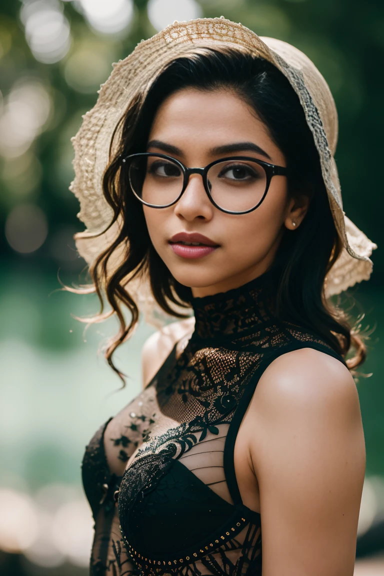 ((Masterpiece)), ((highest resolution)), a beautiful Pakistani woman, ((detailed skin texture)), freckles, ((high detail face)), glasses, no makeup, black curly hair, seductive smile, (partially transparent (colourful) lacy high detail plunging bodycon bodysuit), (realistic photo), (best quality), (very high detail), shot on a Canon EOS R5, 50mm lens, F/2.8, HDR, (8k), (wallpaper), (cinematic lighting), (dramatic lighting), (sharp focus), (intricate details), RAW photo, posing for camera, 8k uhd, high quality, film grain, by Craig Morey