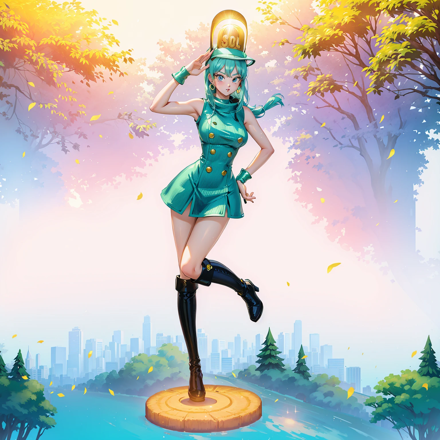 (masterpiece:1.2),( high quality:1.1), bulla,pout, long hair, straight hair,bangs, aqua hair, blue eyes, mascara, long lashes, hairband, red hairband, earrings, bodycon dress, sleeveless, city park, trees, grass, sunshine, blurry background,(looking at viewer, Bend forward:1.1),, huge breast,large breast,(beautifully lit:1.1),