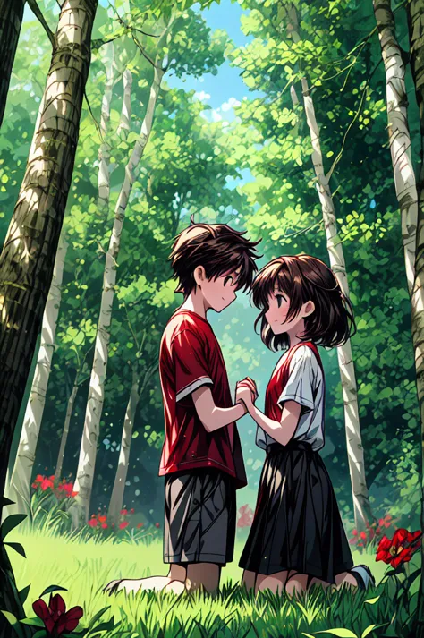 digital illustration in an anime style, depicting a serene and emotional scene set in a lush forest. the layout is vertical, wit...