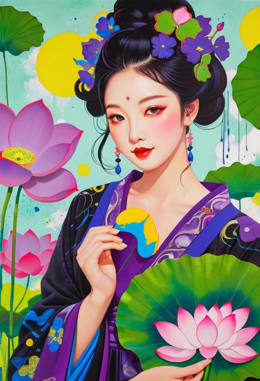 A painting：(((Colorful black，Chalk painting，Oil stick painting，Volume，Thick coating，Uneven texture，Plaster texture，Graffiti)))。Colorful black，Chinese girl in lotus leaf，Exquisite makeup, Foreground Lotus，Bright colors, Purple和, cute的, Bright colors，cute, Lavender Color and Color Schemes, 和Purple的配色方案,  Beautiful Art,  Purple, Whimsical Art, 和Purple色调, Lime and Violet, Close together,, spring, Inspired by Tomokazu Matsuyama, Delightful