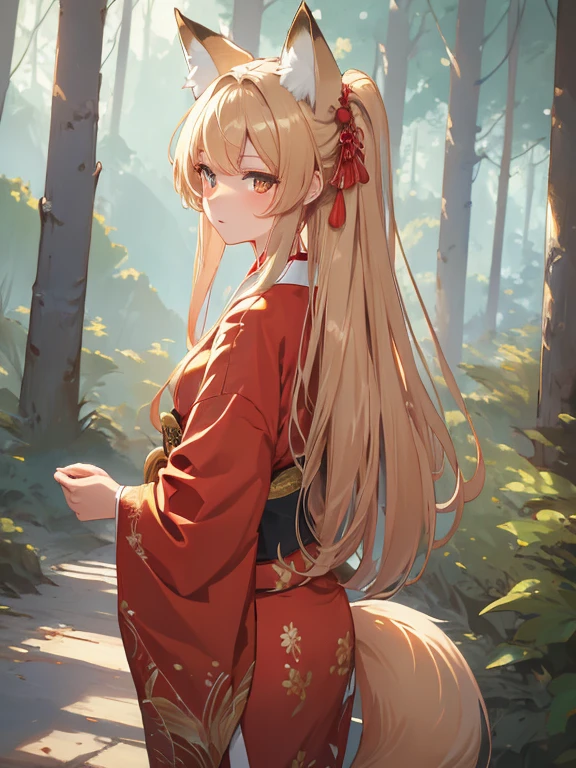 masterpiece, highest quality, Very detailed, 16k, Ultra-high resolution, Cowboy Shot, One , Detailed face, Perfect Fingers, Fox Ears, tail, Golden Eyes, Blonde, Long Hair, Red kimono, in the forest, During a walk