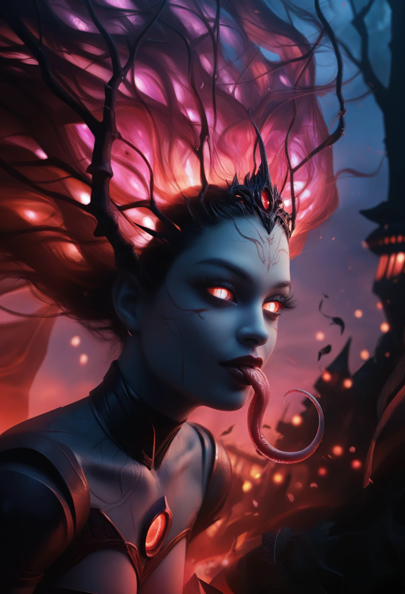 1 beautiful female demon, A scene from a science horror fiction movie, beautiful detailed eyes, (A third eye on the forehead:1.5), beautiful detailed red lips, extremely detailed face and eyes, long eyelashes, long tongue like a snake, intricate insect-like features, glowing compound eyes, scythe-like forelimbs, alien carapace, vibrant colors, futuristic sci-fi environment, neon lights, glowing energy field, complex technological architecture, dramatic lighting, cinematic atmosphere, award winning digital art, hyper realistic, 8k, high quality, masterpiece, Bioluminescence, Translucent skin, thespiritde, white skin, (pale skin with veins visible through it:1.6), Satan's daughter, cinematic lighting, black hair