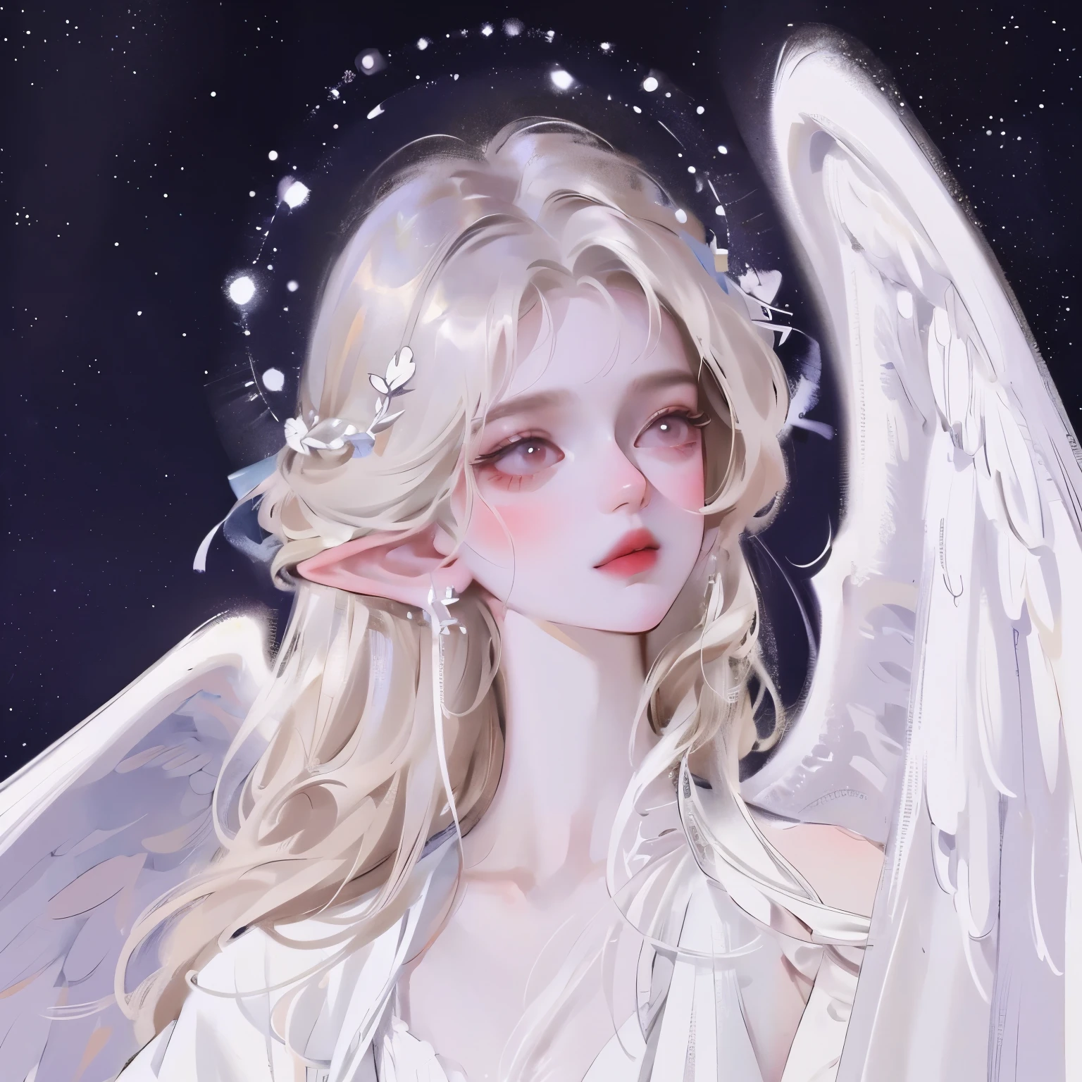 Full body painting，Detailed full body portrait，(Girl looking up at the starry sky), Angelic, Angelic, (Angel Wings), White Dress，Mandy Jurgens (Mandy Jurgens) Realistic paintings created, , Figurative Art, A detailed description, Realistically, A work of art, contour， View from the side， Simple background
